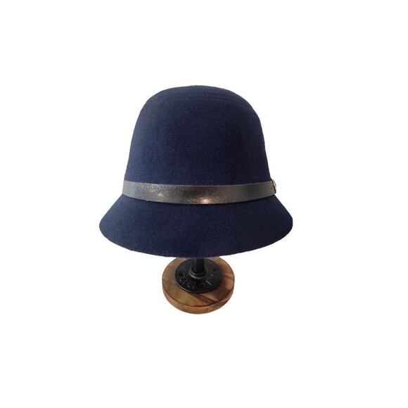 Wool Navy Blue Bucket Hat Medium Women's Leather Band - Picture 5 of 11